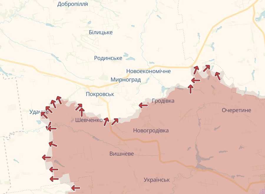 Покровськ та Мирноград на інтерактивній мапі DeepState. Фото: скріншот.