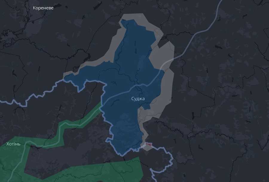 Синім кольором позначена підконтрольна ЗСУ територія Курської області РФ. Скріншот інтерактивної мапи DeepState.