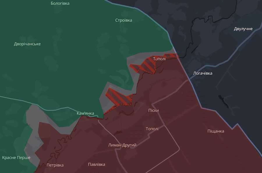 Населені пункти Кам'янка та Тополі на інтерактивній мапі DeepState. Фото: скріншот.