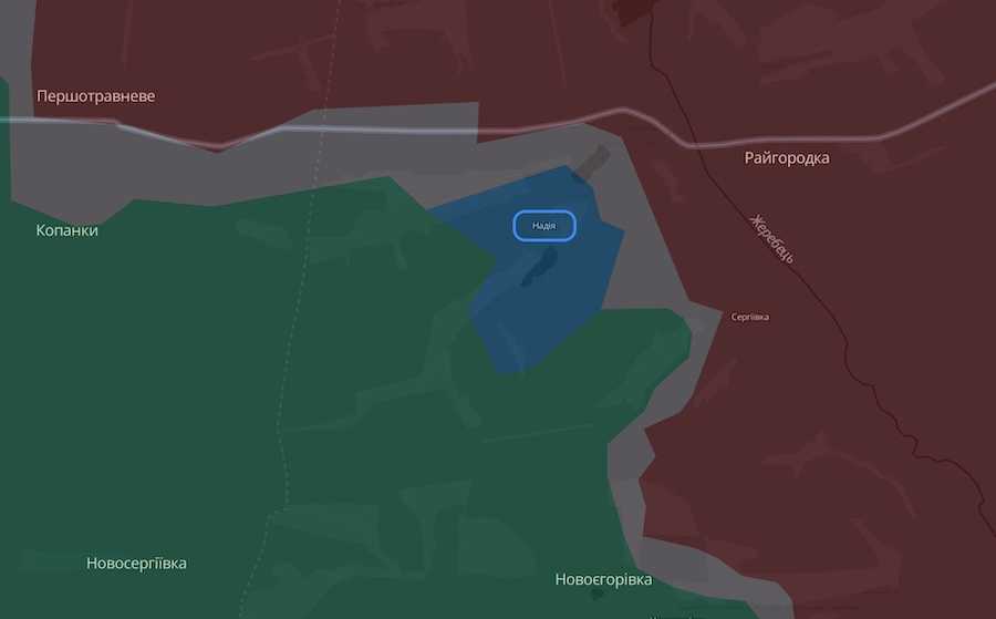 Населений пункт Надія Луганської області на інтерактивній мапі проєкту DeepState. Фото: скріншот.