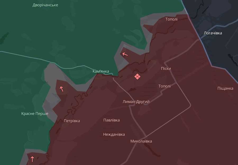 The occupiers are trying to attack on the Topoli-Kamyanka-Krasne Pershe section. Screenshot of the DeepState interactive map.