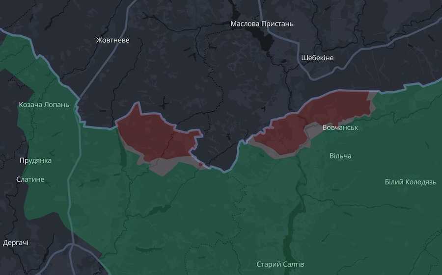 Підконтрольна армії РФ територія на півночі Харківської області станом на 4 квітня 2025 року. Скріншот інтерактивної мапи DeepState.