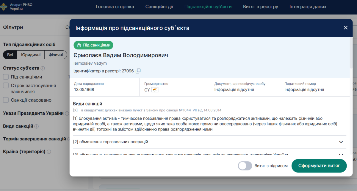 Скріншот з Державного реєстру санкцій