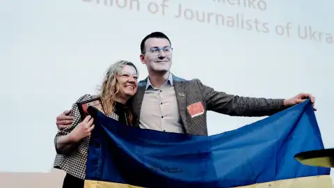 Президент Данської спілки журналістів Тіне Йогансен і голова НСЖУ Сергій Томіленко на Конгресі Данської спілки журналістів. Фото: Dansk Journalistforbund.