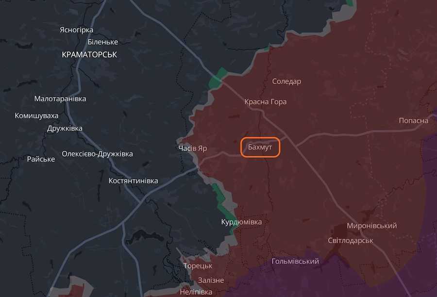 Бахмут на інтерактивній мапі українського проєкту DeepState. Фото: скріншот.