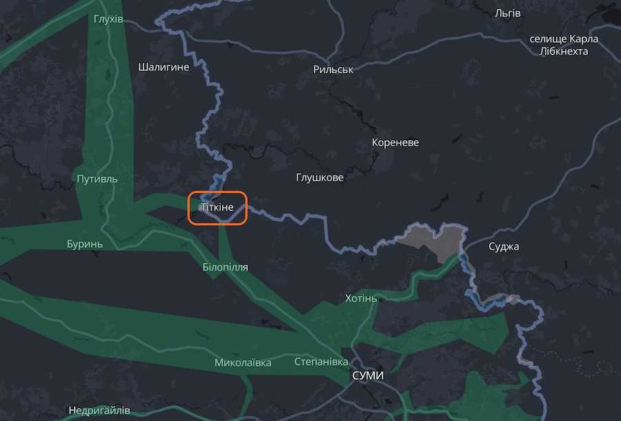 Населений пункт Тіткіне на мапі українського аналітичного проєкту DeepState. Фото: скріншот.