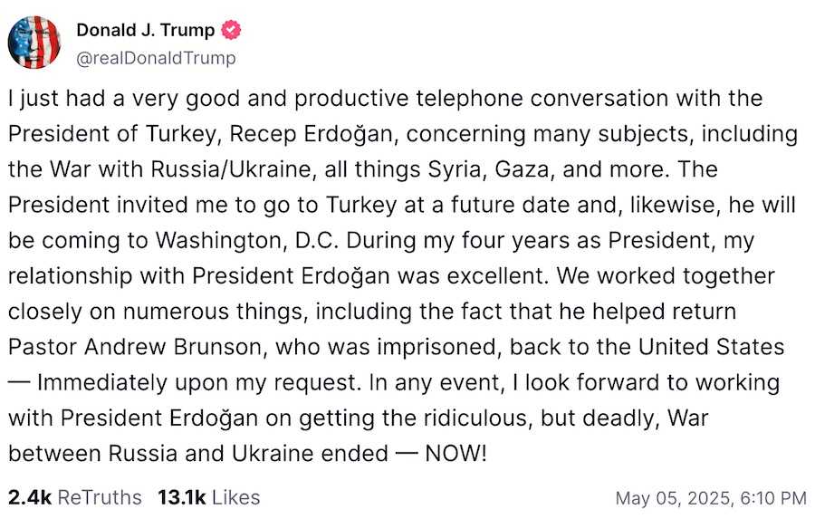 Trump's post on Truth Social. Photo: screenshot.