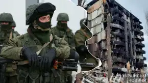 Російські окупанти на тлі зруйнованої будівлі (ілюстративне зображення). Фото: колаж УН.