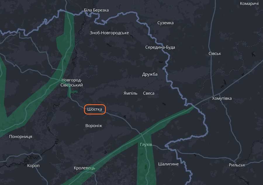 Shostka, Sumy Region on the map of the Ukrainian DeepState project.
