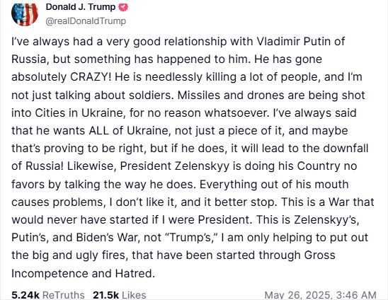 Trump’s post about Zelenskyy and putin. Screenshot: Truth Social/Donald J. Trump