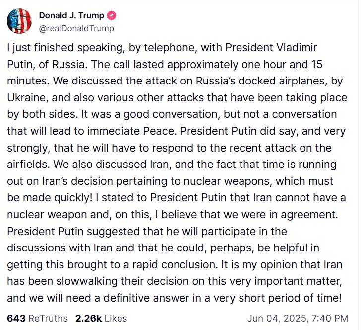 Trump's post. Screenshot: truthsocial.com width=