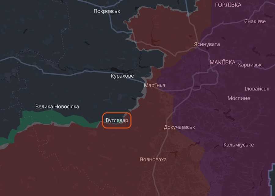 Вугледар на інтерактивній мапі DeepState (лінія фронту на 1 вересня 2024 року). Фото: скріншот УН.