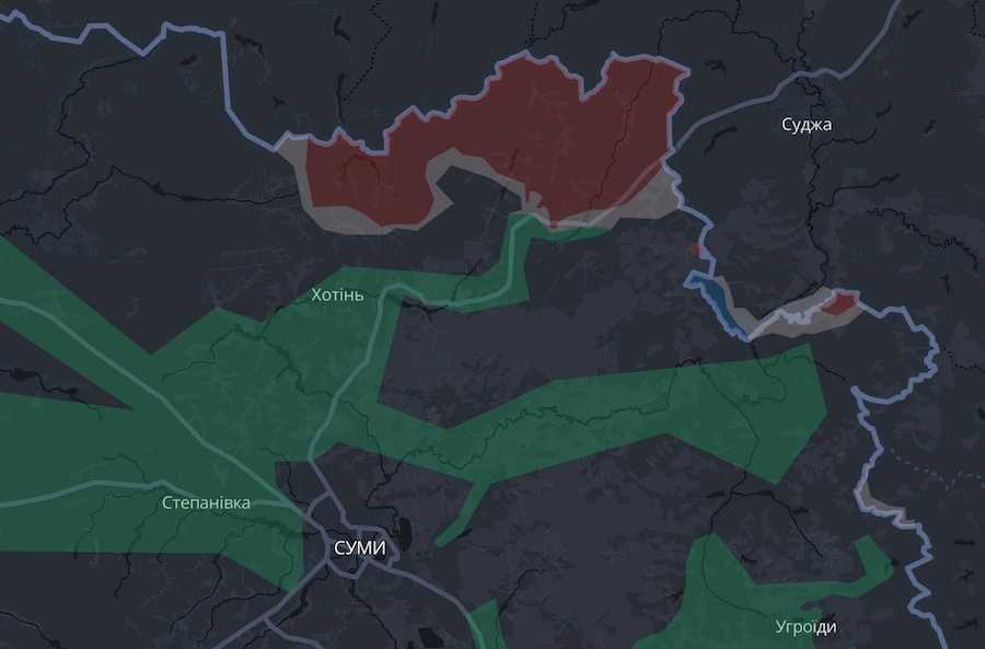 Суми та підконтрольна армії РФ територія Сумської області на мапі проєкту DeepState. Фото: скріншот УН.