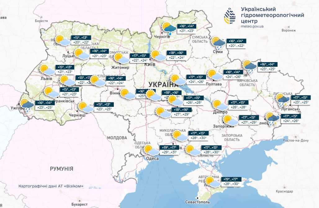 Прогноз погоди в Україні 19 червня. Мапа: Укргідрометцентр

