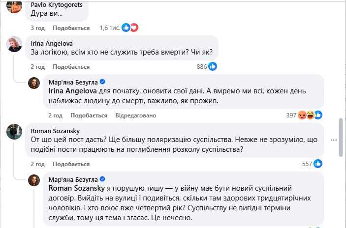 Коментарі під дописом депутатки. Фото: Facebook/Мар'яна Безугла