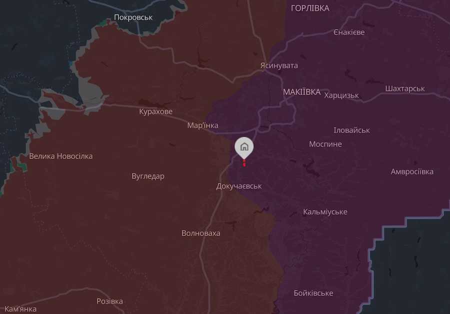 A russian army plane dropped a 500-kilogram bomb on a village near the occupied Dokuchaievsk in the Donetsk Region. Screenshot of the DeepState map.