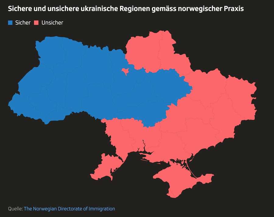 Норвезька модель надання статусу захисту для біженців з України. Його отримують українці, які прибули з регіонів, забарвлених у червоний колір. Фото: скріншот УН.