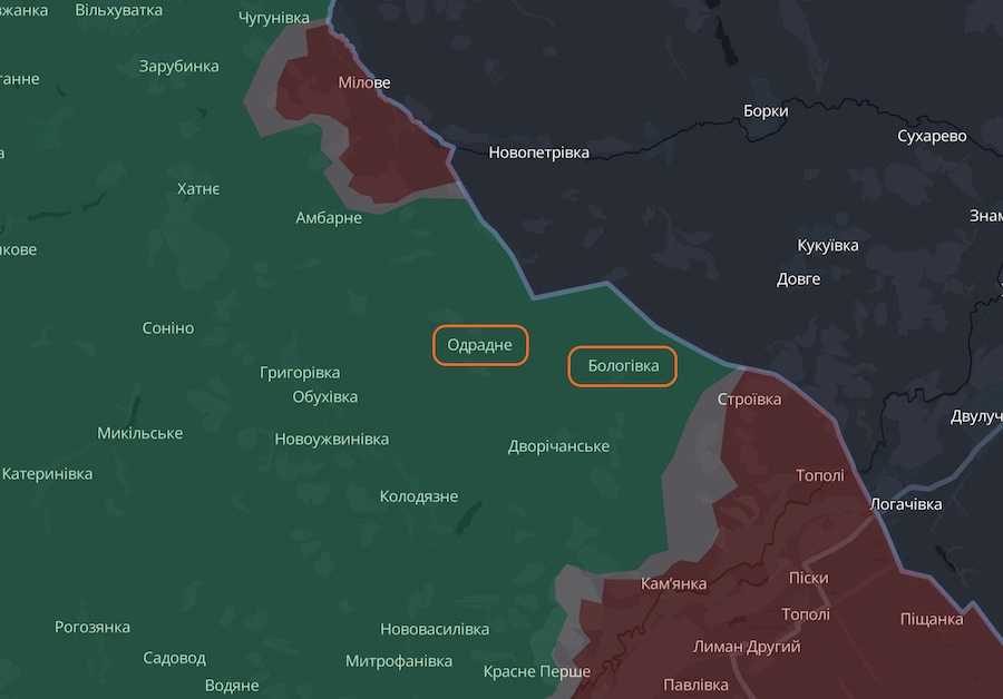 Одрадне та Бологівка на інтерактивній мапі DeepState. Фото: скріншот УН.