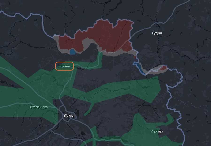 Хотінь Сумської області на мапі проєкту DeepState. Фото: скріншот.
