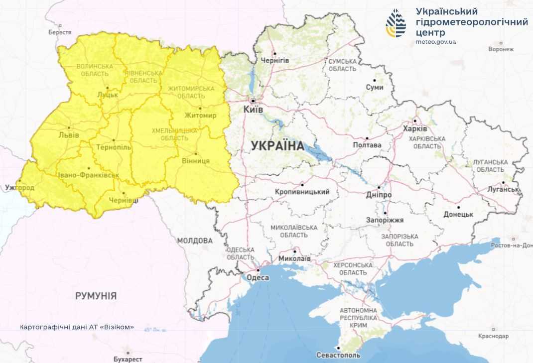 Штормове попередження 9 липня. Мапа: Укргідрометцентр

