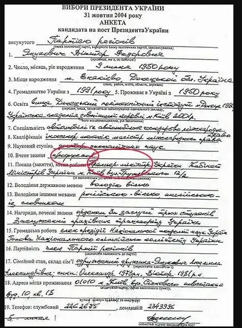 Анкета Януковича