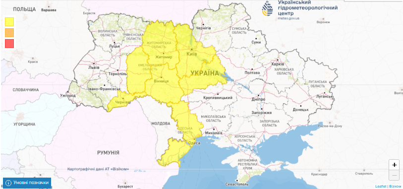 Карта регіонів, де очікується негода. Фото: Укргідрометцентр