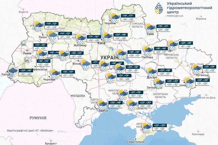 Прогноз погоди в Україні 17 липня. Мапа: Укргідрометцентр

