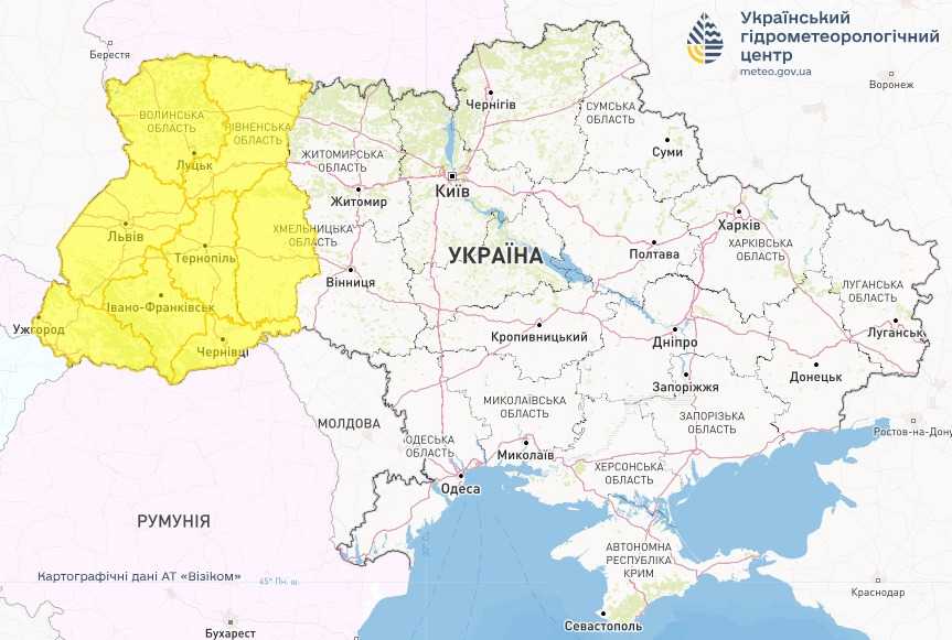Штормове попередження 25 липня. Мапа: Укргідрометцентр