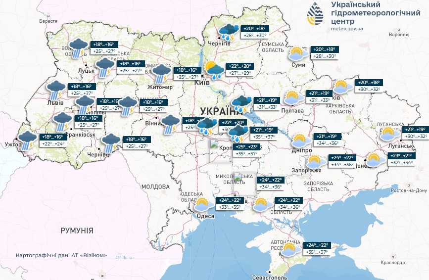 Прогноз погоди в Україні 28 липня. Мапа: Укргідрометцентр

