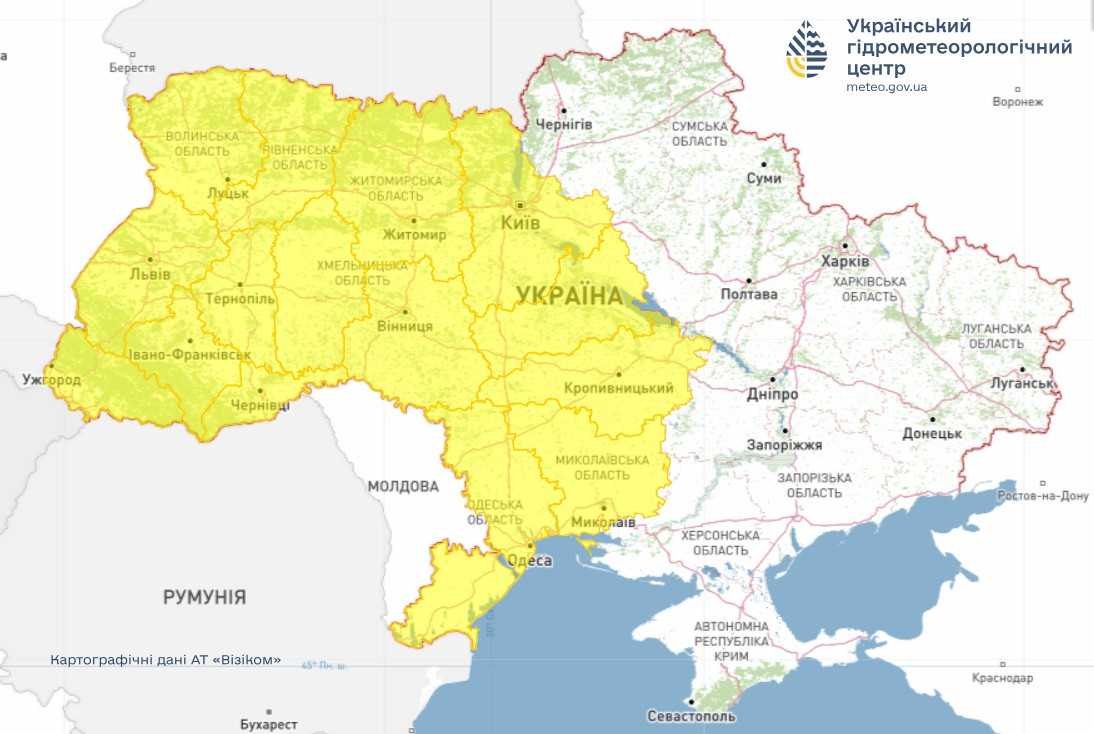 Штормове попередження 29 липня. Мапа: Укргідрометцентр

