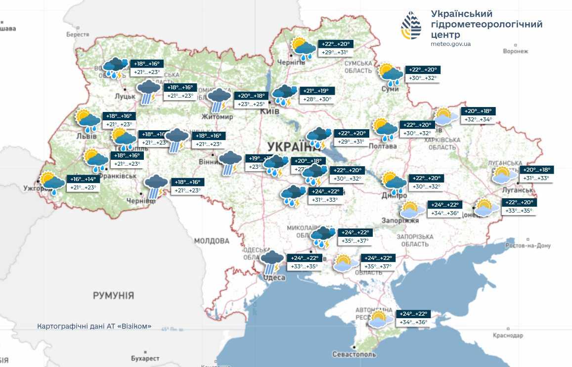 Прогноз погоди в Україні 29 липня. Мапа: Укргідрометцентр

