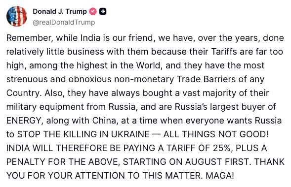 Trump's post. Screenshot: Truth Social/Donald J. Trump