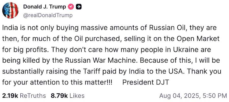 Пост Дональда Трампа у Truth Social. Фото: скріншот УН.