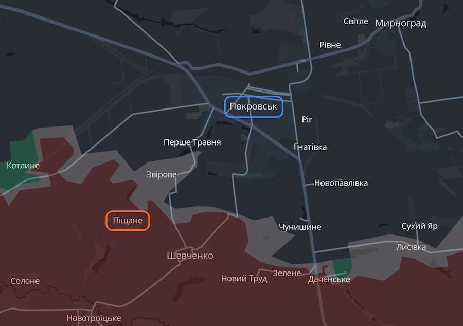 Покровськ та Піщане на інтерактивній мапі проєкту DeepState. Фото: скріншот.