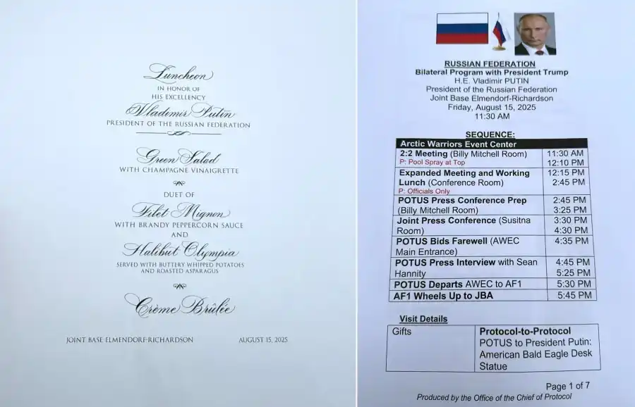 Фотографії документів про зустріч Трампа і Путіна на Алясці, які були знайдені в принтері готелю в Анкориджі. Фото: NPR