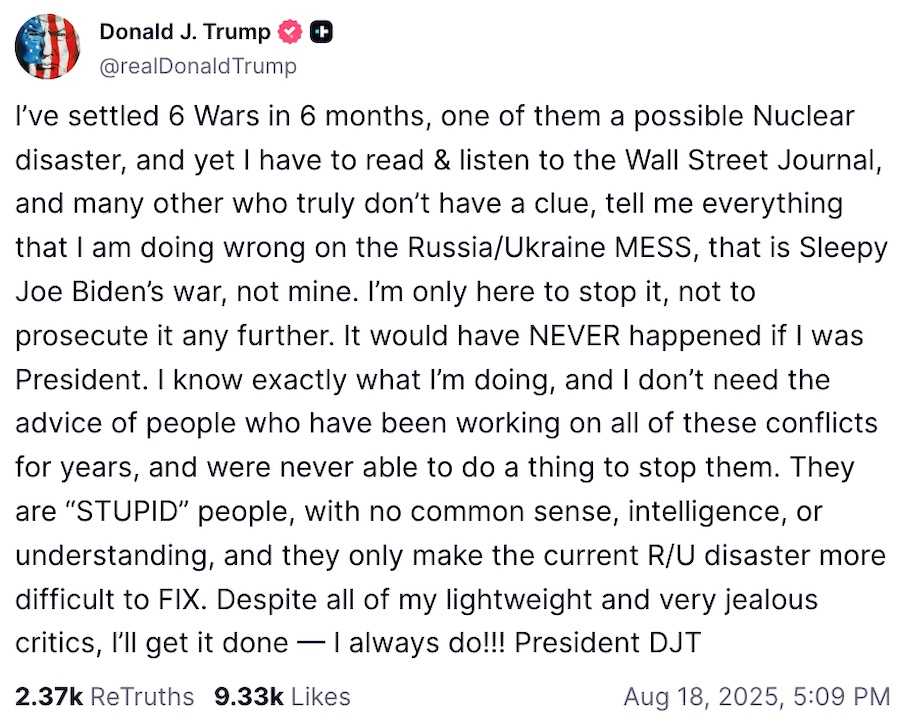 Пост Трампа у Truth Social. Фото: скріншот.