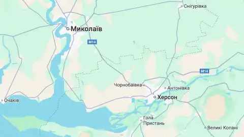 Участок трассы M14 между Херсоном и Николаевом. Скриншот карты сервиса Google Maps.
