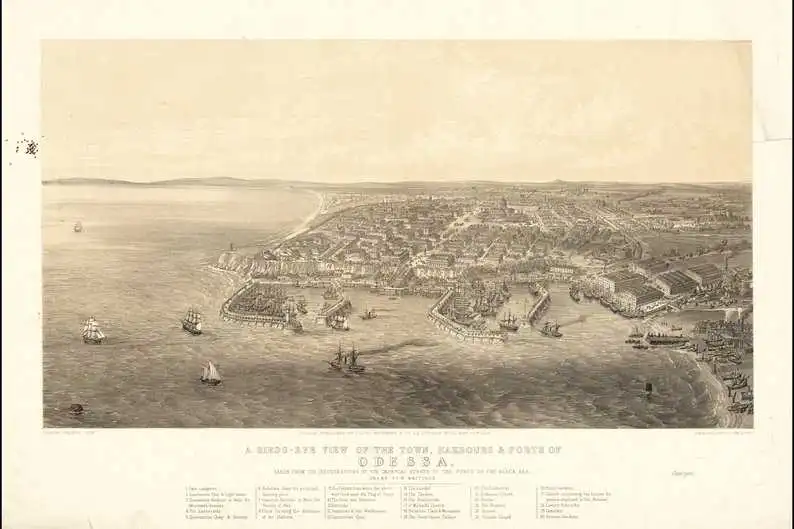 Вид міста Одеси з гаванями. Едмунд Уокер, 1854 рік. Літографія з колекції Британського музею, Лондон. Фото: suspilne.media/odesa
