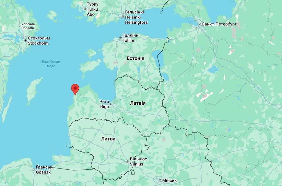 A wreckage of a russian UAV was found in western Latvia. Photo: screenshot of the Google Maps map service.