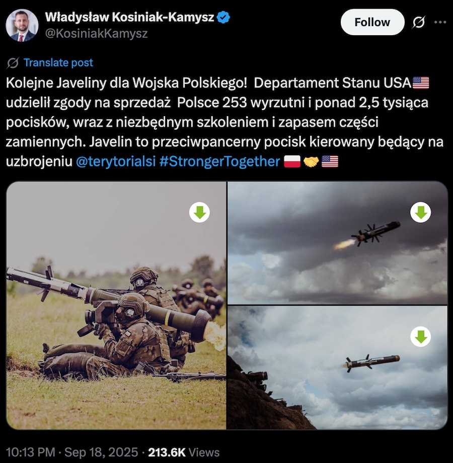 Пост міністра оборони Польщі у X (Twitter). Фото: скріншот.