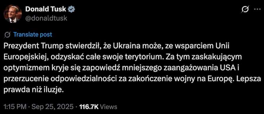 Donald Tusk's post on the social network X (Twitter). Photo: screenshot.