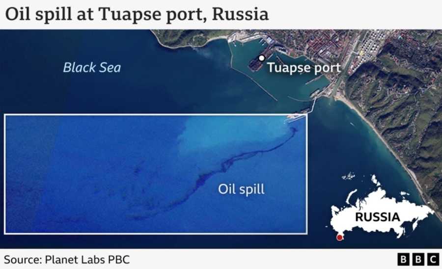 Oil spill near Tuapse. Photo: BBC / Planet Labs.