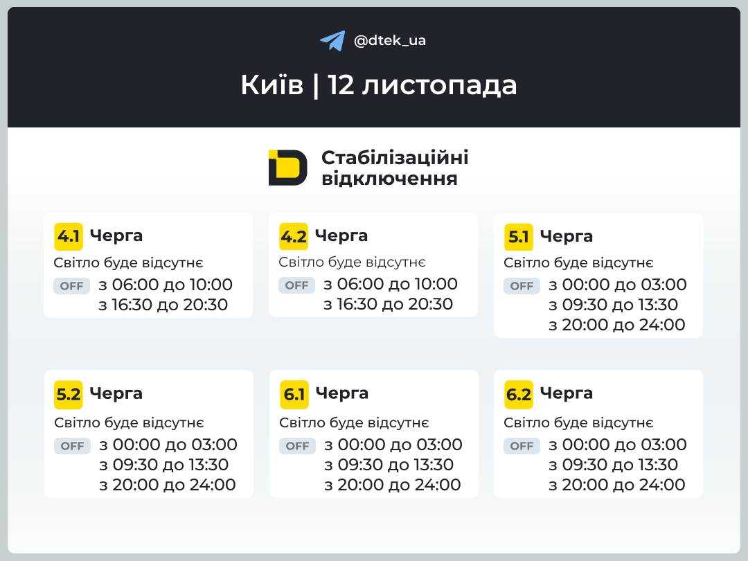 Графіки відключень для Києва на 12 листопада. Джерело: ДТЕК