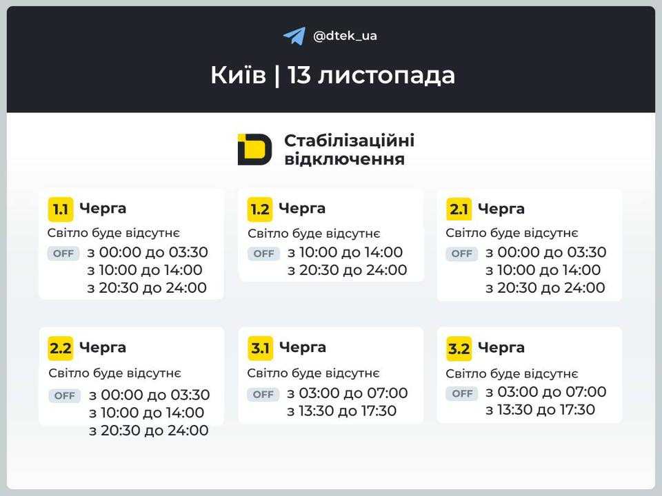 Графіки на 13 листопада для Києва. Фото: ДТЕК