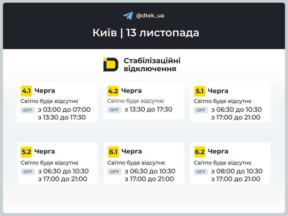 Графіки на 13 листопада для Києва. Фото: ДТЕК
