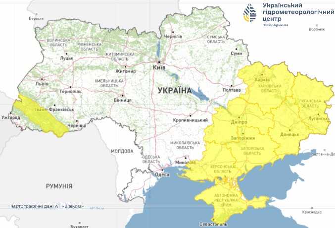 Попередження про пориви вітру. Мапа: Укргідрометцентр