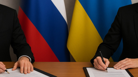 Підписання мирної угоди між РФ та Україною. Ілюстрація створена з використанням елементів ШІ