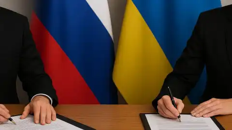 Підписання мирної угоди між РФ та Україною. Ілюстрація створена з використанням елементів ШІ