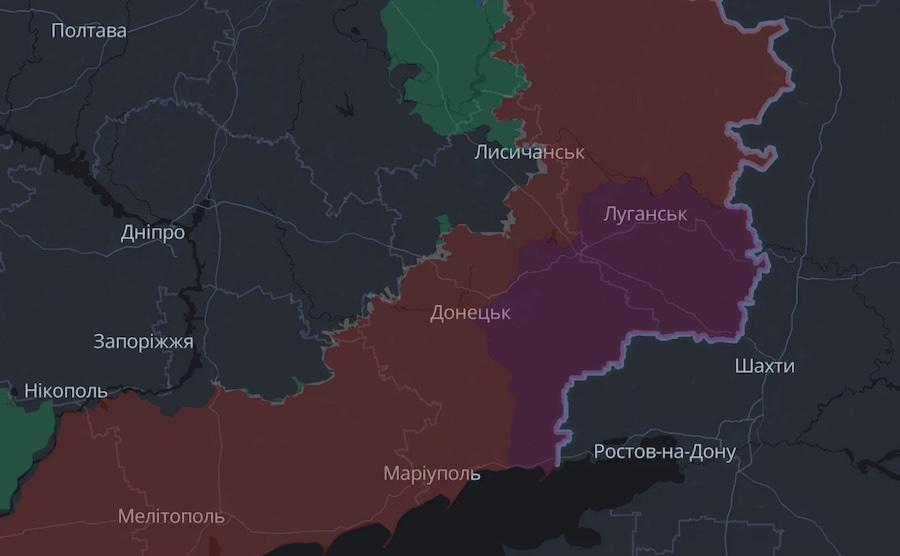 Донецкая область на карте DeepState. Фиолетовым обозначена территория, подконтрольная оккупантам до 24 февраля 2022 года, красным - захваченная после. Фото: скриншот.