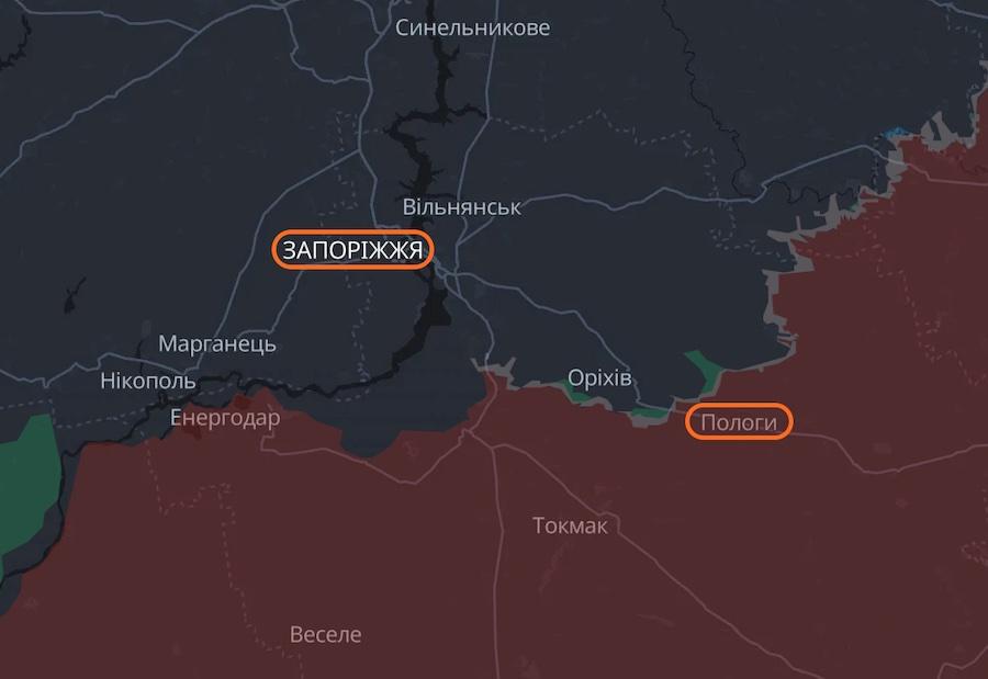 Зону принудительной эвакуации детей распространили в Запорожской области. Фото: скриншот карты проекта DeepState.